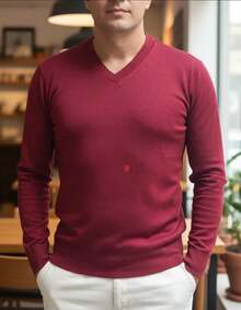 Men's Cold Weather Blouse | Men's Knitted Sweater | Winter Knitted Wool Pullover Long Sleeve V-Neck - 紅色 - 查看 5