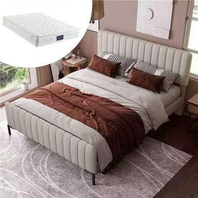 Upholstered Single Bed 160 X 200 Cm, Bed Frame With Slatted Base And Adjustable Headboard, Upholstered Bed In Grey-Beige, Bed Frame Youth Bed For Bedroom Guest Room - Linen Material (With Mattress)