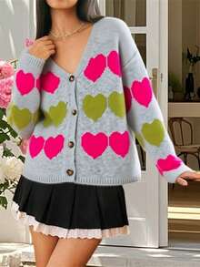 Women's Button Down Knit Cardigan, Heart Print Long Sleeve V-Neck Loose Sweater Jacket For Spring, Fall - Grey - View 4