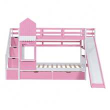 MERAX Twin-Over-Twin Castle Style Bunk Bed With 2 Drawers 3 Shelves And Slide - Pink - 粉色 - 查看 4