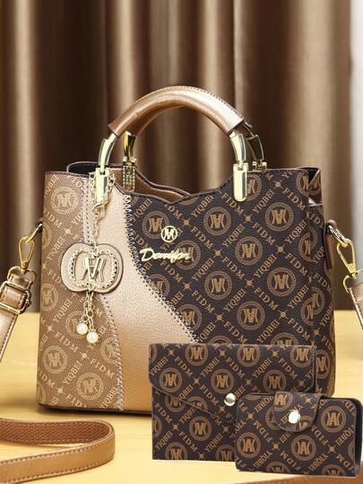 This Year's Popular Mother-Daughter 3 Pieces Set Bag, Classic Large Capacity Women's Casual Handbag, High-End Elegant Women's Jacquard Bag