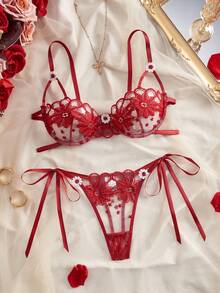 Style Dream Women's Sexy Lingerie Set, Burgundy Bra & Panty Set With Floral Embroidery, Sheer Mesh, Sweet & Romantic Vibe - Burgundy - View 3