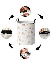 1 pieza Cesta de almacenamiento redonda plegable de gran capacidad con estampado de arcoíris de dibujos animados y asa, multiusos para baño, habitación, lavandería, juguetes, ropa, cesta de almacenamiento plegable - Multicolor - Ver 4