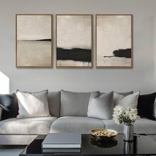 三件套，现代简约帆布墙画，米色和黑色纹理抽象画，无框，艺术装饰，经典现代风格，室内外皆宜，春夏季节适用，帆布墨水，竖幅，适用于家庭办公室、浴室、客厅、卧室、餐厅 - 彩色 - 查看 4