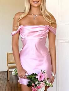 Women Y2K Satin Off Shoulder Pleated Solid Mini Dress Backless Sleeveless Summer Cocktail Dress - 粉色 - 查看 1