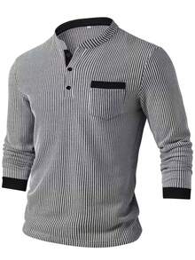 Men'S Textured Striped Stand Collar Long Sleeve Casual Henley Shirt, Breathable Fabric Machine Wash Suitable For Outdoor And Office Daily Wear - 黑色 - 查看 2