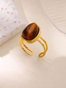 1枚复古风格宝石戒指，女士款，复古琥珀天然石戒指，金戒指，不锈钢戒指，开口可调节戒指，女士配饰，女士时尚珠宝配饰，适合派对、情人节、母亲节礼物 - 彩色 - 查看 4