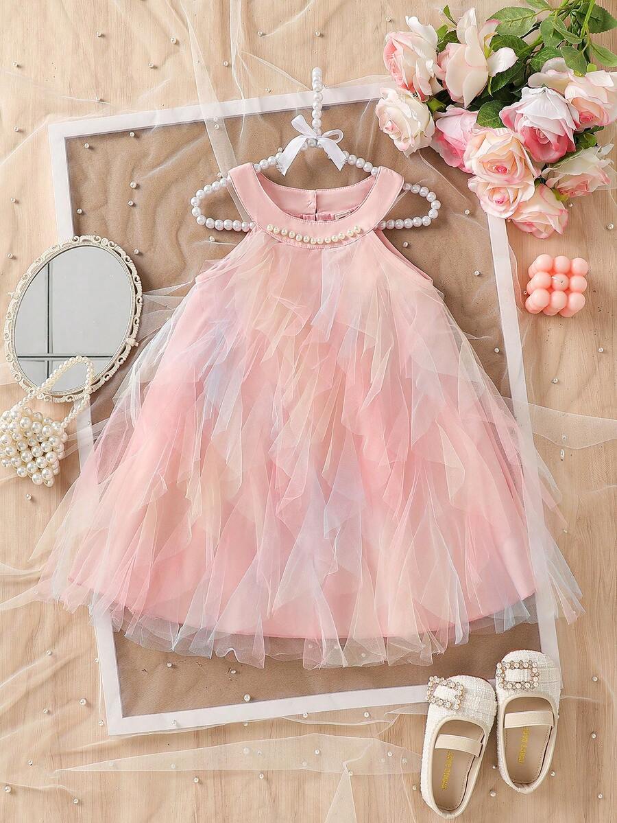 年轻女孩时尚可爱高品质珍珠项链网眼无袖甜美连衣裙 - 粉色 - 查看 1