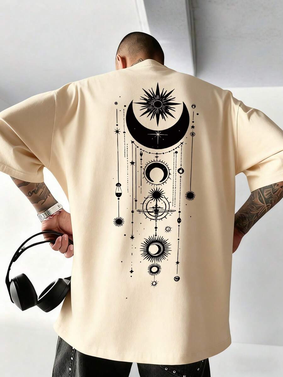 Men's Mysterious Aesthetic Bohemian Style Round Neck Short Sleeve Printed Casual Top, Summer - Apricot - View 1