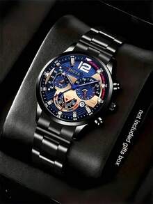 3件套男士手表，休闲商务不锈钢表带石英腕表组合套装，派对礼物，海滩度假情人节礼物