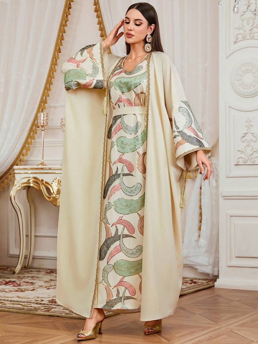 Bộ váy áo 2 mảnh thanh lịch dành cho nữ, thêu đính cườm, thích hợp cho lễ Eid Al-Fitr, Eid Al-Adha, các buổi tiệc, kiểu Abaya.