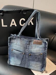 New Chic Casual Washed Jeans Shoulder Tote Bag, Niche Design, Fashionable Street Handbag, Suitable For Shopping And Commuting, Perfect For Cow Girl - Màu xanh lam - Xem 7