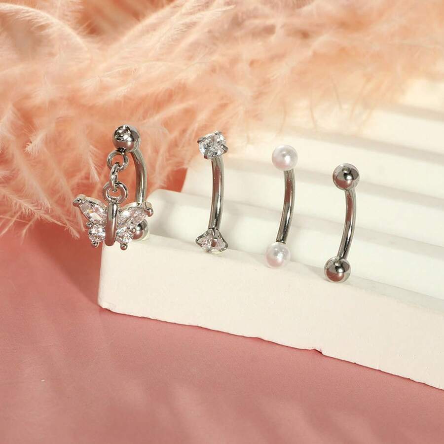 4-Piece Set Of Stainless Steel Eyebrow Nails Angel Wings Heart-Shaped Synthetic  16G Eyebrow Nails Cartilage Nails Puncture Accessories - 套裝七 - 查看 1