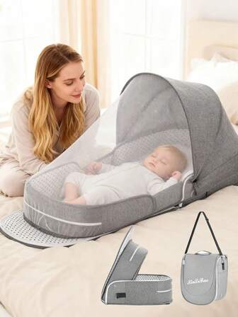 1 pieza Nido portátil multifuncional para bebé - Cuna de bebé plegable con estilo de mochila, cama de bebé antiaplastar, cama de viaje para bebé ligera con mosquitera y sombrilla, adecuada para bebés de 0 a 10 meses, color gris de alta calidad