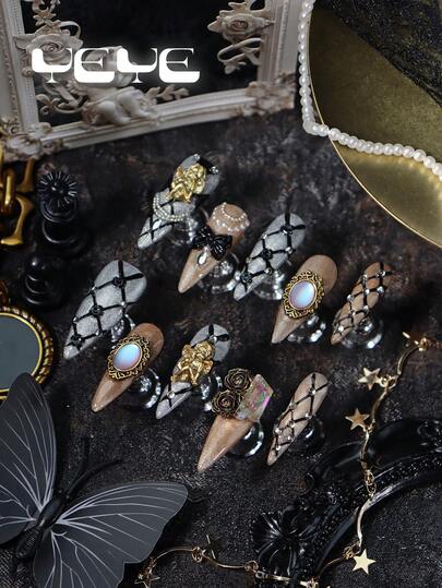 Bộ 10 móng giả dán thủ công kiểu Stiletto, mắt mèo màu xám và nâu, họa tiết lưới hình kim cương, móng tay nâu thủ công, mắt mèo đen và nâu, gương ma thuật thanh lịch, thiên thần, hoa, hoa hồng, trang trí đá rhinestone vuông lớn, bộ móng giả dán acrylic thủ công kiểu Bắc Âu kẻ caro, dụng cụ làm móng Bắc Âu cho phụ nữ và bé gái, móng tay cưới, kèm 1 dũa móng mini và 1 tờ keo dán, nghệ thuật làm móng Boho cho lễ hội, hàng ngày, công sở, tiệc tùng, tụ họp và những nơi khác.