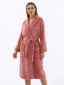 1 件男女通用冬季毛绒绒浴袍，舒适保暖浴袍，男女通用长款 SPA 浴袍，带 2 个口袋和腰带，浴袍，浴室用品，情人节礼物 - 法蘭絨壓條 翻領浴袍 - 查看 12