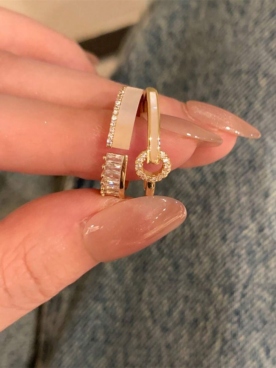 Bộ 2 chiếc nhẫn đá Cubic Zirconia tối giản thời trang, có thể điều chỉnh kích cỡ, phù hợp cho nữ, đa năng cho tiệc tùng, đám cưới và đeo hàng ngày. - Vàng - Xem 1