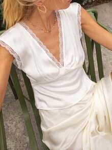 Women's New Spring/Summer White Satin Lace Patchwork V-Neck Camisole Top - White - View 6