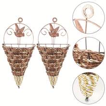 2pcs Artificial Flower Vase Basket Triangular Wall Hanging Iron Wicker Wall Decor Hanging Planter (Coffee Color) - Multicolor - View 3