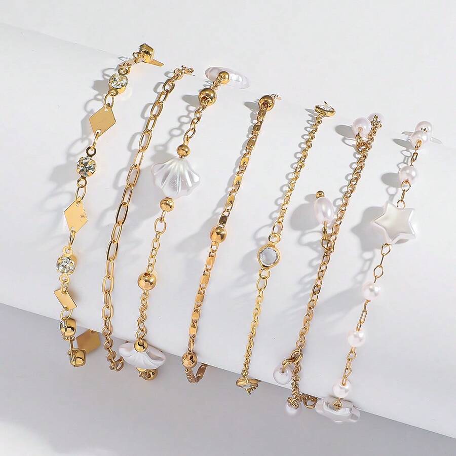 7件套女士金色叠戴手链套装 - 珍珠贝壳海星吊坠度假海滩波西米亚风精致首饰 - 彩色 - 查看 1