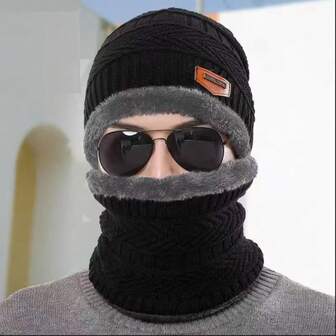 1 Set de bufanda y gorro de punto con forro polar, adecuado para ciclismo al aire libre, gorro de lana para hombre