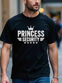 Bold Princess Security Graphic T-Shirt - Men'S Casual Black Tee With Crown And Stars Design, Comfortable Cotton Blend, Perfect For Urban Style And Everyday Wear - 黑色 - 查看 13