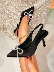 Wide Fit Fashion Party Kitten Heel Pointed Toe Silver Rhinestone Bow Slingback Black Soft Fabric Women's High Heel Sandals - Black - View 1