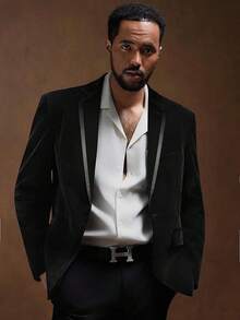 2026 Men's Casual Blazer & Pant Set  Men's 2 Piece Velvet Suit Peak Lapel One Button Slim Fit Tuxedo Blazer Party Dinner Jacket & Pants Relaxed Stretch Fit For Smart Casual Events - 黑色拼接翻領 - 查看 4