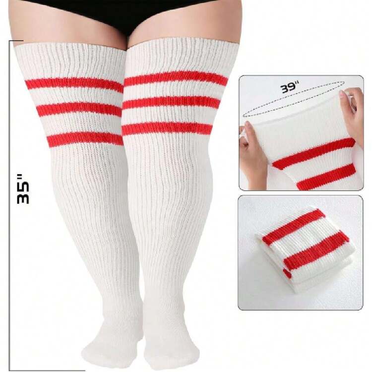 Plus Size Thigh High Socks For Thick Thighs, Extra Long Women Striped Over Knee Stockings Leg Warmers For Winter,36065361 - 紅色 - 查看 2