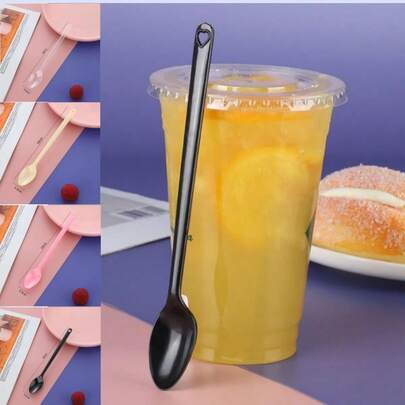 18cm 使い捨て長柄スプーン、バブルティー、デザート、フルーツ用厚手プラスチック長柄スプーン