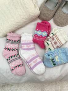 1/6 Pairs Fluffy Coral Fleece Thick Warm Crew Socks For Home/Indoor Wear, Autumn/Winter - Multicolor - View 4