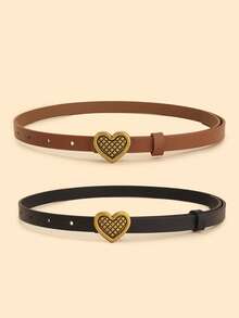 2 chiếc thắt lưng trẻ em kiểu dáng retro mỏng, khóa hình trái tim, chất liệu PU cao cấp, thích hợp trang trí cho quần jeans, váy, thắt lưng học sinh. - khóa thắt lưng hình trái tim bằng đồng cổ - Xem 2