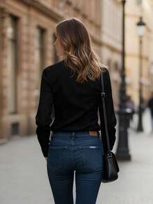 Womens Button Down Shirts Long Sleeve Lapel Collar Cinched Waist Tops Spring Fall Blouse - 黑色 - 查看 3