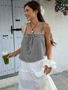 Doriss 女士纯色格纹麻花吊带背心休闲款 - 黑與白 - 查看 6