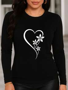 Women's Casual Long-Sleeved T-Shirt With Asymmetrical Floral And Heart Print. Regular Fit, Machine Washable, Suitable For All Seasons. Comfortable And Casual Wear, Durable For Casual Attire And Special Occasions. - Black - View 4