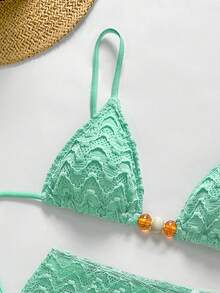 Bikinx 3pcs Women's Wavy Pattern Backless Sexy Bikini Set With Camisole And Sarong Dress, Suitable For Beach Vacation In Summer - Mint Blue - View 4