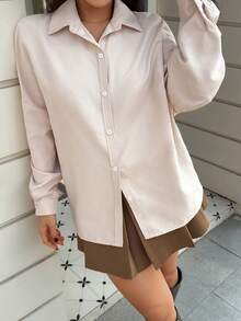 EARO 女士米色缎面宽松衬衫，春夏款，长袖，翻领，纽扣，灯笼袖，休闲通勤日常穿搭 - 杏色 - 查看 5