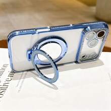 حافظة هاتف مطلية بالكريستال اللامع مع حماية العدسة، مرآة مكياج لامعة وحامل خاتم للأصبع، إطار مقاوم للصدمات عالي الجودة، متوافقة مع أجهزة 17/16E/15/14/13/12/11/X/XS Max/XR/Pro Plus، Galaxy A02S-A07/A12-A17/A22-A26/A32-A36/A50-A56/S20-S25، Honor Magic، OPPO Reno، متوافقة مع Redmi، Infinix Smart وغيرها - الأزرق - مشاهدة 5