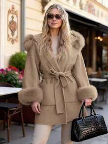 معطف نسائي أنيق جديد للخريف/الشتاء بأكمام من فرو اصطناعي وربطة خصر، معطف صوفي أنيق بحزام للخريف/الشتاء، معطف نسائي دافئ من صوف اصطناعي، ياقة فرو كبيرة الحجم مع كابوشون، أكمام طويلة بياقة منسدلة، تصميم ربطة الخصر، أساور من فرو اصطناعي، طراز أنيق مناسب للخريف/الشتاء - كاكي - مشاهدة 3