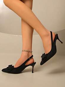 法式经典民族风优雅系带蝴蝶结仙女高跟凉鞋，时尚春夏凉鞋，新款仙女尖头高跟鞋，蝴蝶结装饰通勤休闲凉鞋，新款夏季百搭凉鞋，可搭配连衣裙 - 黑色 - 查看 6