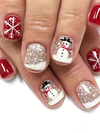 Juego de 24 pegatinas cuadradas cortas con diseños de muñeco de nieve, copos de nieve y brillo para manicura francesa, que incluye: 1 pieza de pegamento de gelatina y 1 lima de uñas, manicura navideña, para uso diario y festivo de las mujeres