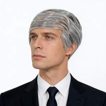 优雅的高级合成假发，灰色假发，逼真的发际线，短直灰色老人假发，趣味十足的假发，适合派对、万圣节角色扮演和舞台表演道具，外观自然，触感柔软，易于造型，不伤头皮，均码，适合大多数头型，是圣诞节、生日、音乐、电影、视频装饰的理想礼物之选。 - 彩色 - 查看 4