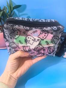 1pc Sanrio KT Cat Cute Flocked & Mesh Portable Cosmetic Bag, Large Capacity Makeup Pouch For Travel & Touch-Up