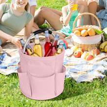 1 pieza Cubo de almacenamiento de herramientas de jardinería con bolsillos, bolsa de almacenamiento con forma de cubo de tela Oxford 600D, 6 compartimentos, gran capacidad, plegable en el medio para ahorrar espacio, asa redonda portátil, accesorios esenciales para jardinería en el hogar, almacenamiento de refrigerios para camping al aire libre, cubo de almacenamiento de herramientas para la playa, cubo de basura - Rosa - Ver 3