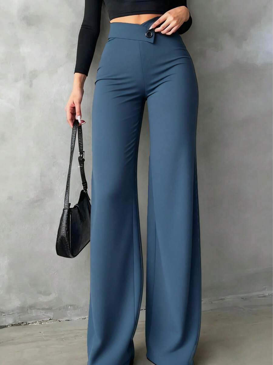 女士休闲优雅直筒裤，返校必备单品，不对称V腰设计凸显曲线，适合日常穿着、办公、约会、度假等各种场合，春季必备。 - 藍灰色 - 查看 1