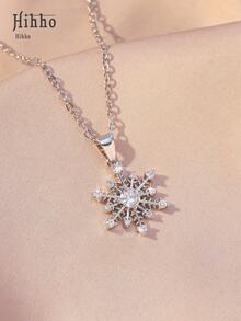 Hihho 1 件裝時尚高端百搭全水鑽鑲嵌簡約雪花吊墜優雅女式鎖骨項鍊飾品禮物 - 銀色 - 查看 11