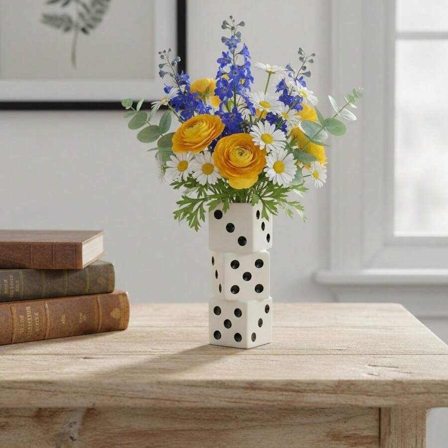 hanyial Black & White Dice Vase, Maximalist Decorative Ceramic Vase, Vintage Home Decor, Suitable For Desk, Bookshelf, Dining Table, Bar Cart And Vanity, Unique, Cool Room Decoration, Rama Gifts Stationery Glass Vase For Birthday, Graduation, Back To School - Color Mixing - View 1