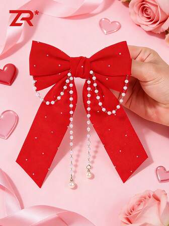 1 st röd hårrosetspänne med pärlstransklädsel eleganta modehårrosetter alligatorklämma festivalfest rosett hårspänne håraccessoar för kvinnor alla hjärtans dag håraccessoar