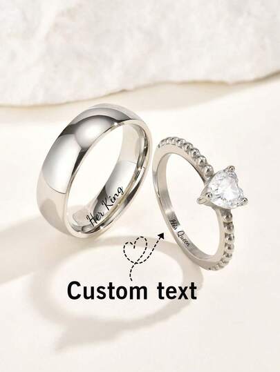 Anel de casal personalizado em aço inoxidável com zircônia em formato de coração, cor dourada, ideal para namorado(a), perfeito para casamentos, Dia dos Namorados e aniversários.