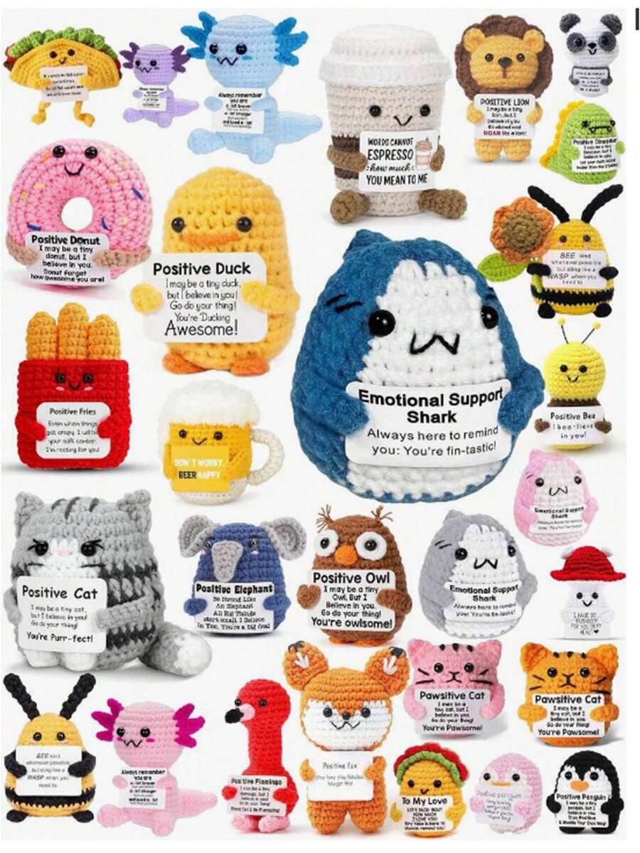 Penguin Gift Set, Includes Crochet Penguin Pendant, Stress Relief Shark, Inspirational Crochet Decor, Desktop Decor, Inspirational Card, Desktop Planter, Cute Penguin Decor, Suitable For Christmas Stocking Stuffers, Christmas Gifts, Birthday And Emotional Decor - Crocheted Penguin - Pink - View 1